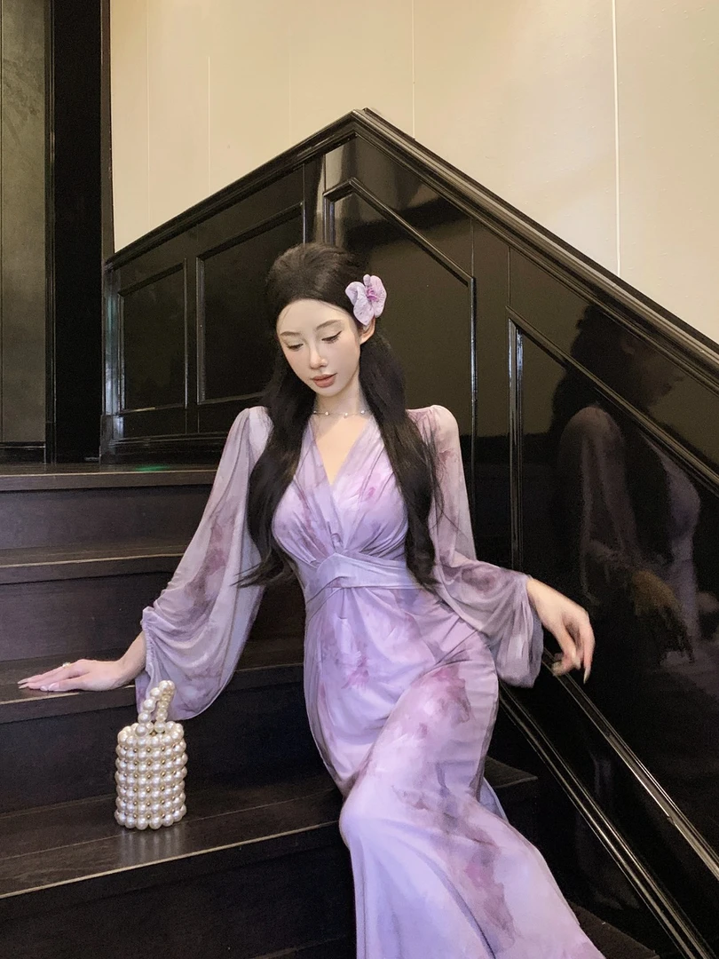 法式晕染网纱连衣裙女2025春夏新款优雅气质收腰显瘦长裙度假女装