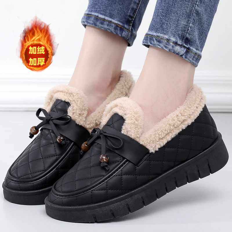 冬季加绒保暖韩版女棉鞋一脚蹬短靴加厚女士防水雪地靴老北京布鞋