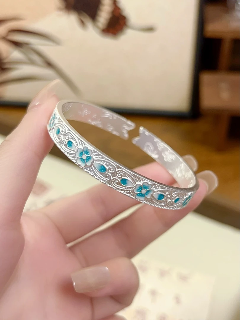 足银手镯 999.9珐琅彩蓝蝴蝶四叶草气质开口古风手镯闺蜜七夕礼物