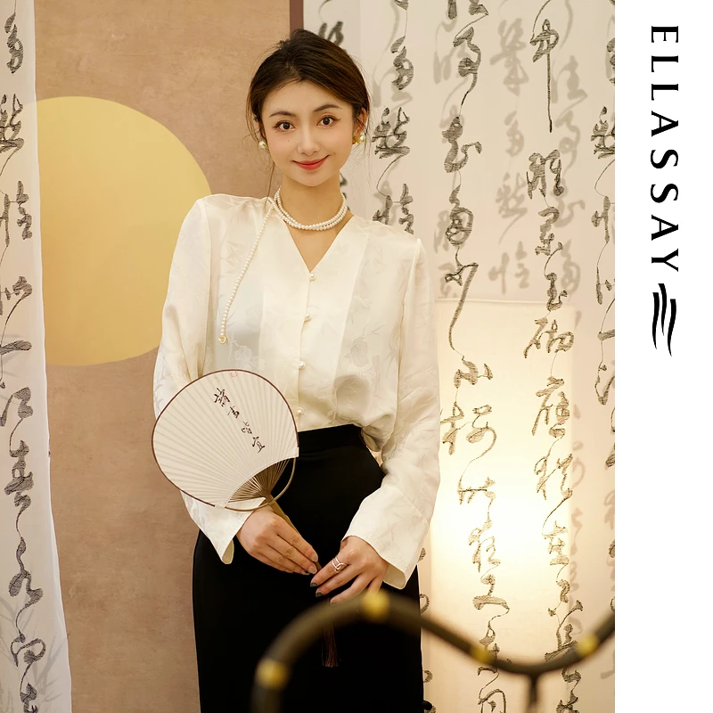 ELLASSAY歌力思白色新中式桑蚕丝真丝提花v领衬衫EWW353C00700