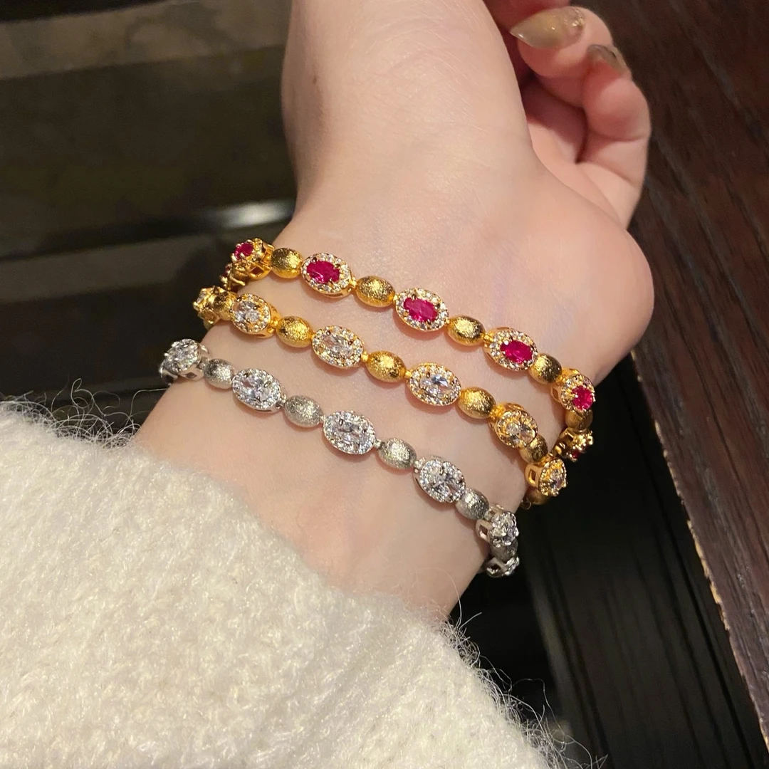 卡柒 铜合金手链 超重工复古拉丝闪锆手链轻奢小众高级感叠戴手串