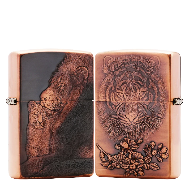 ZIPPO/之宝打火机紫铜【狮子父子背老虎】原装正品煤油机DYJ1