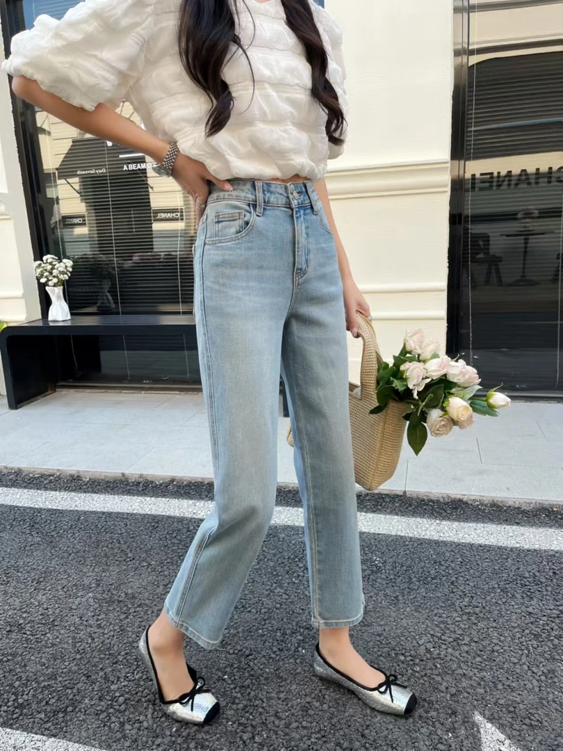 欧洲站春游爆款剪标小个子浅色万向弹九分直筒千金牛仔裤裤子女