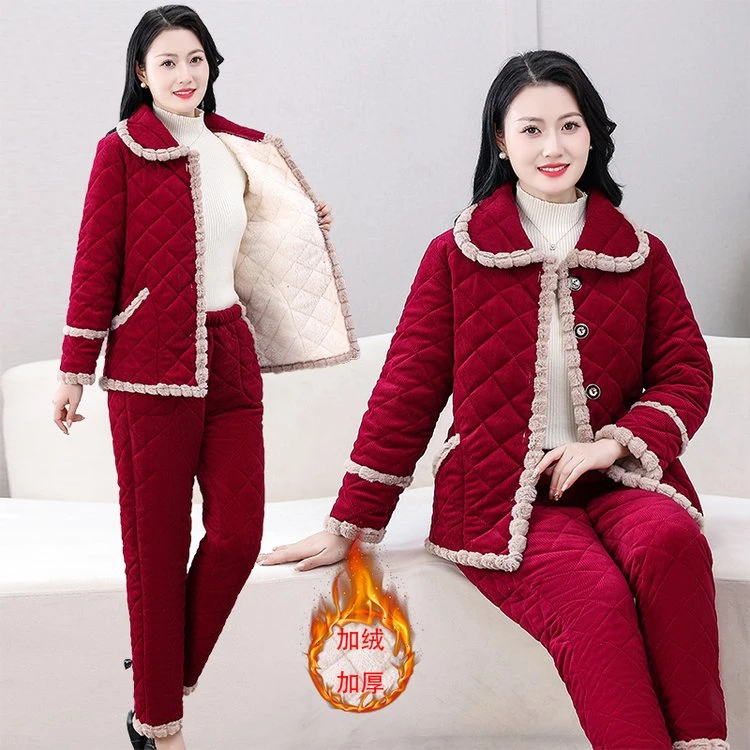 睡衣女套装中老年女装妈妈装家居服女士休闲加绒加厚保暖两件套
