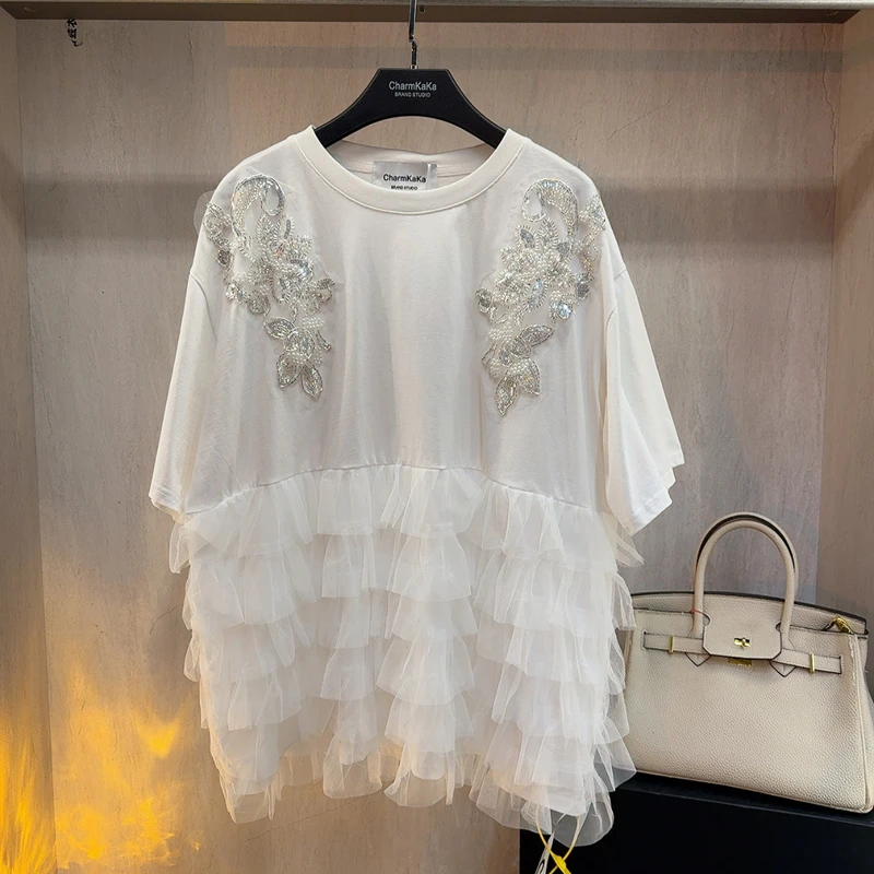 【夏夜细雨】62519重工水钻花朵多层网纱拼接长款T恤