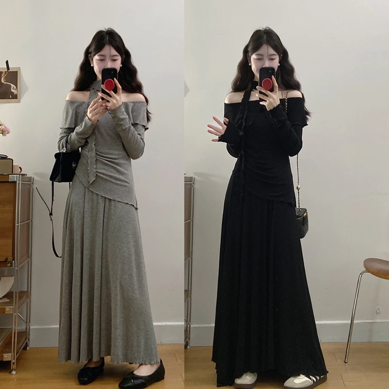 大码高级感韩系胖妹妹女2025春季新款气质长裙早春穿搭一字肩套装