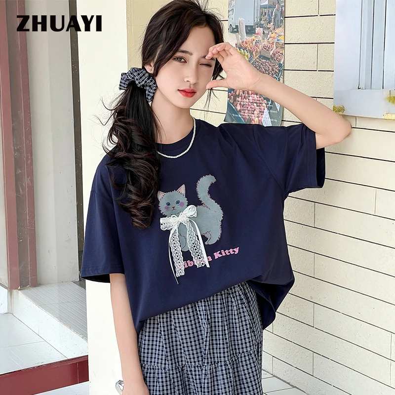 朱阿姨2025夏季女大童短袖蝴蝶结涂鸦T恤宽松印花上衣（25212448）2