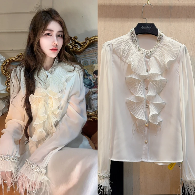 【曼妙氛围】62122褶皱木耳羽毛镶边宫廷衬衫