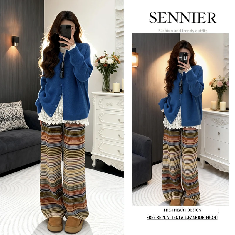 秋季穿搭女2025新款韩版慵懒针织开衫叠穿蕾丝内搭休闲裤三件套装
