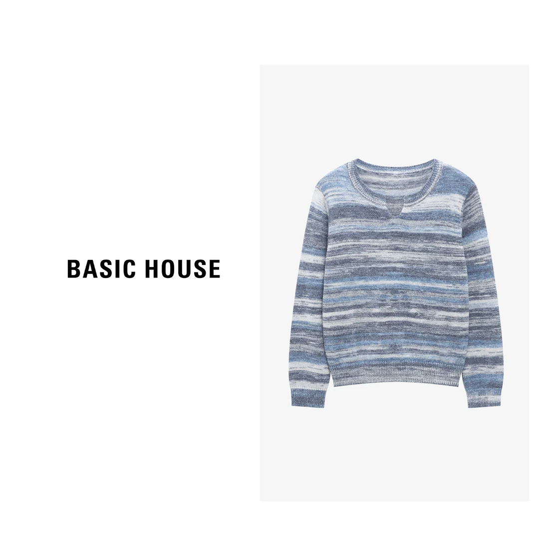 Basic House/百家好长袖针织时尚休闲条纹圆领毛衣-B0625B5JZO2