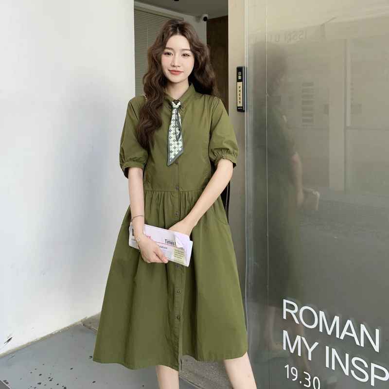 学院风气质简约纯色连衣裙女2025夏季新款绿色高级感polo领衬衫裙