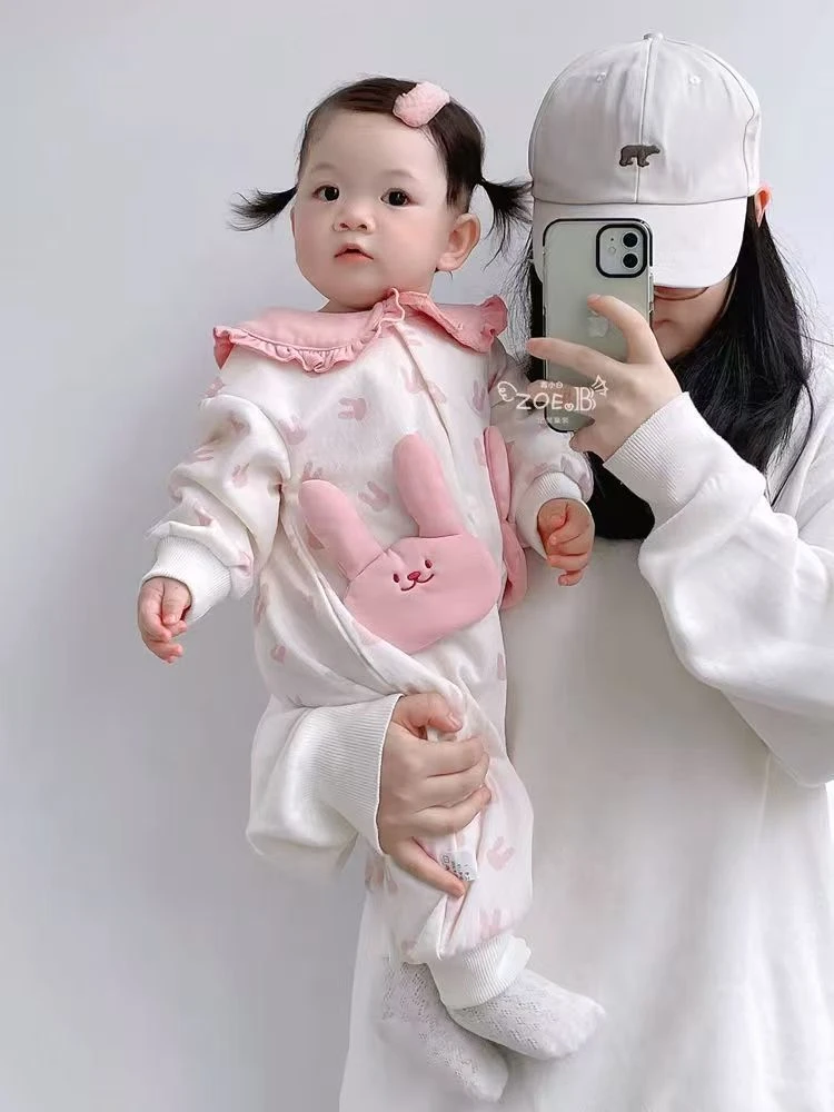 婴幼儿春秋双层满印小兔女宝宝可爱连体衣哈衣