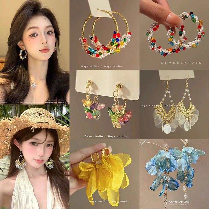 撞色夏日~炫彩珍珠度假耳圈女款小众设计夸张耳环彩色多巴胺耳饰