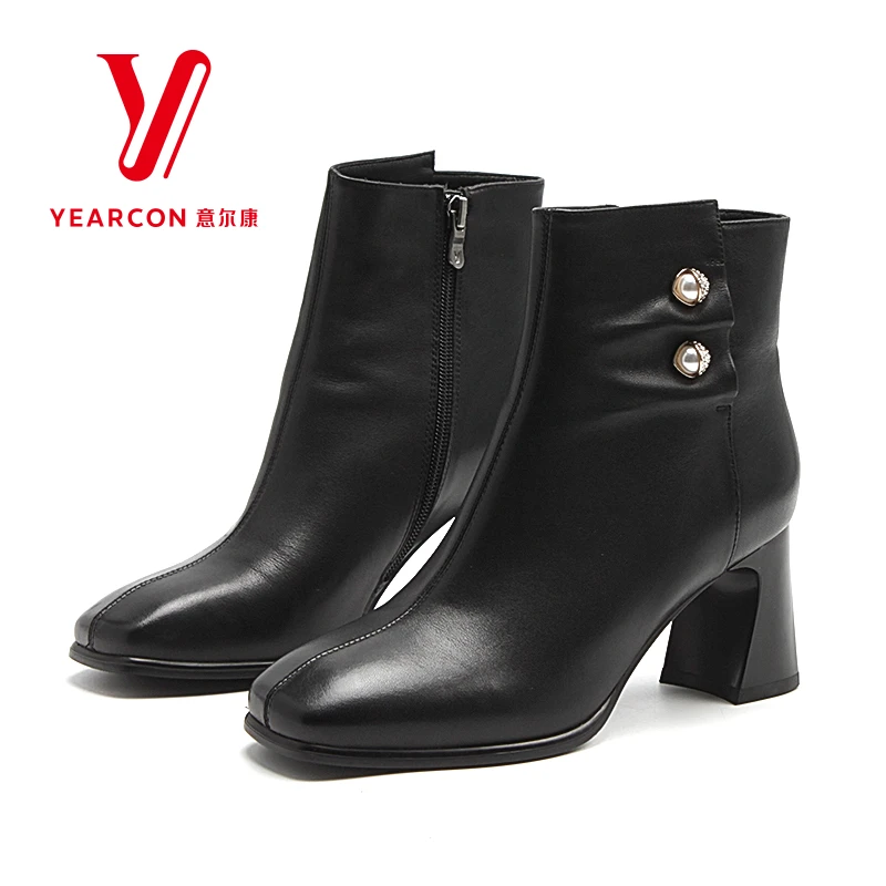 意尔康女鞋真皮短靴粗跟时装靴冬季单里职业工装靴11491M