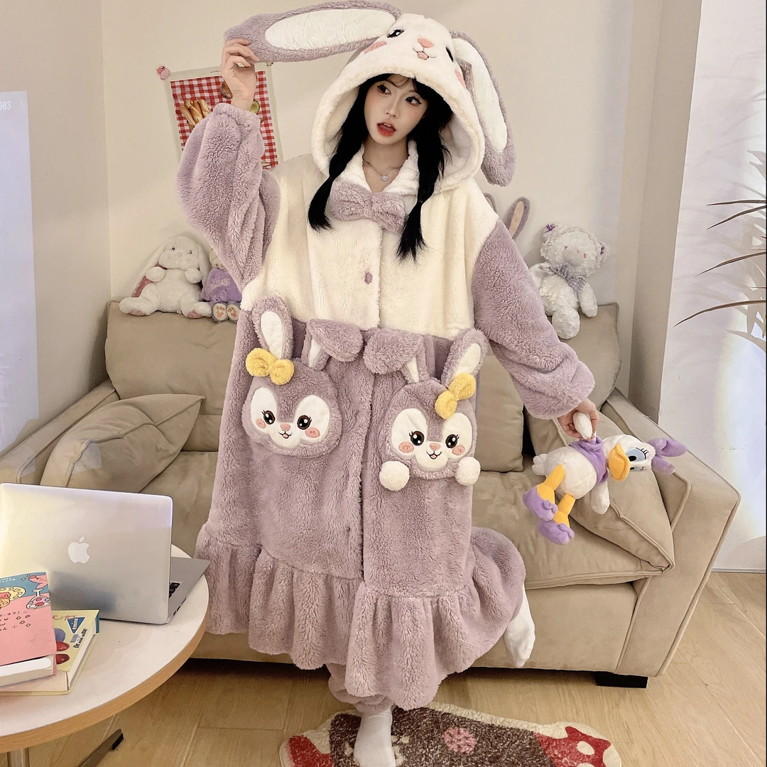 星戴露睡衣家居服兔子套装卡通女冬季长袖珊瑚绒睡袍保暖学生冬天