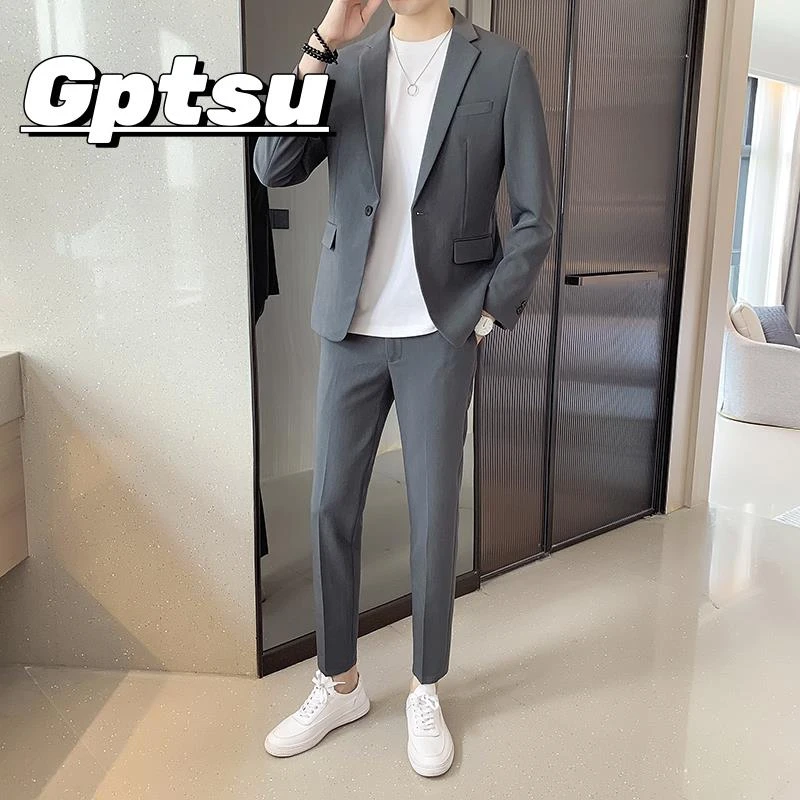 GPTSu薄款西服婚礼套装男士修身韩版小个子休闲小西装外套痞帅