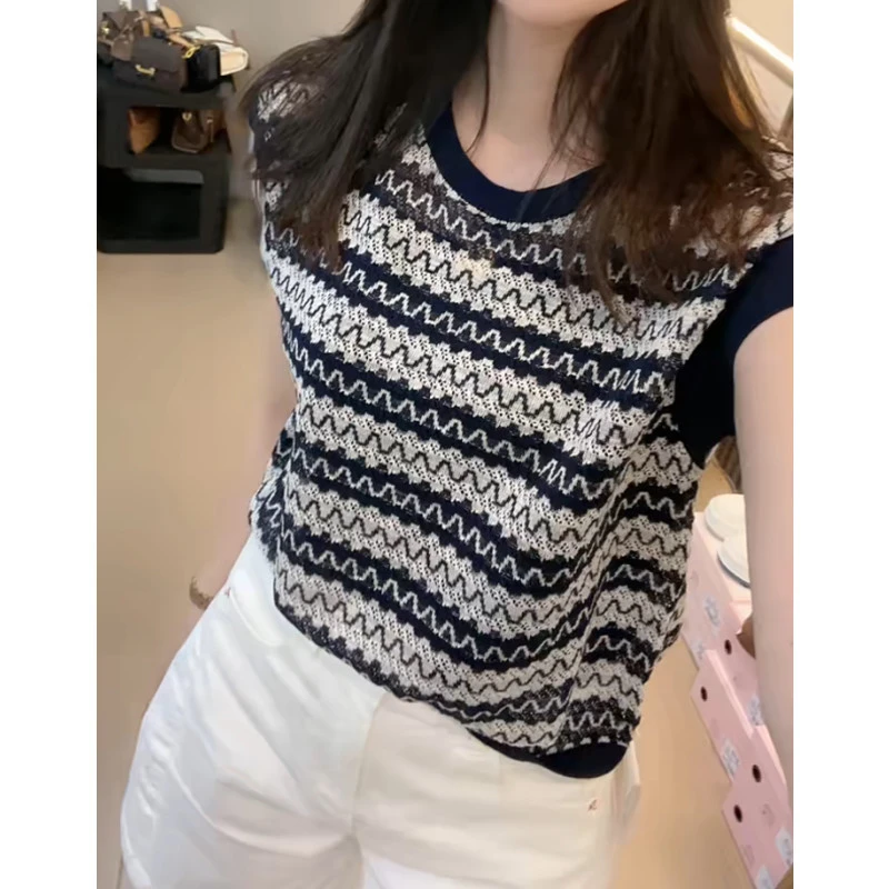 大码正肩针织短袖T恤女2025年夏季新款梨型身材穿搭显瘦冰丝上衣