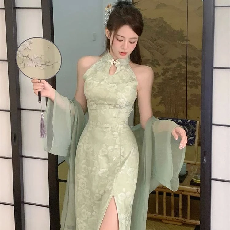 约会气质镂空领包臀裙旗袍领新中式旗袍夏季辣妹风套头款修身裙子