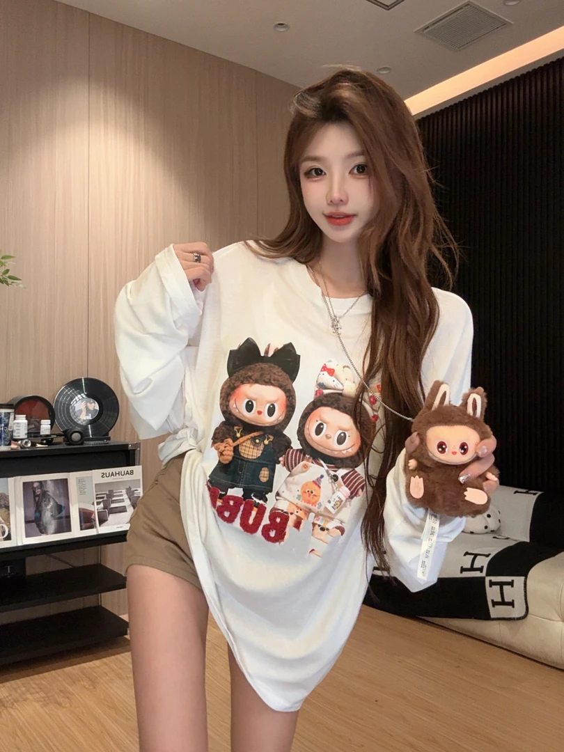 李馨儿【喇喇布布】长袖宽松斜肩显瘦拼接夏季罩衫百搭衣服T恤休闲