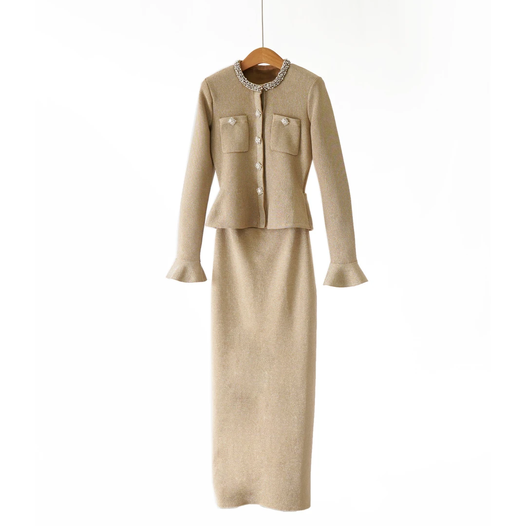 【YS12146】S*P 早春新款气质金色假两件钻饰收腰显瘦连衣裙女