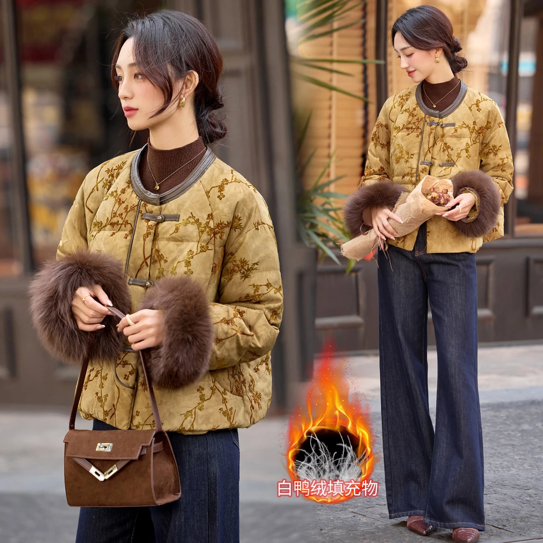 羽绒女款爆款2025新款正品新中式时尚印花外套干练总裁女装潮牌