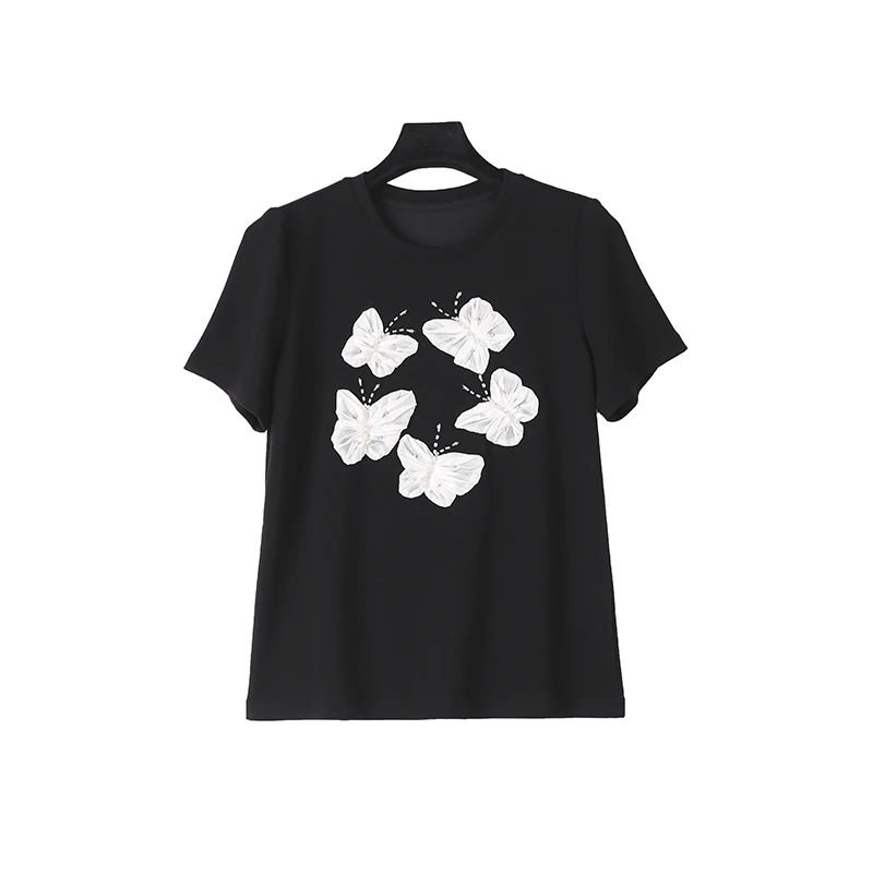 立体蝴蝶花朵撞色百搭圆领T恤纯棉t恤时尚轻奢22237