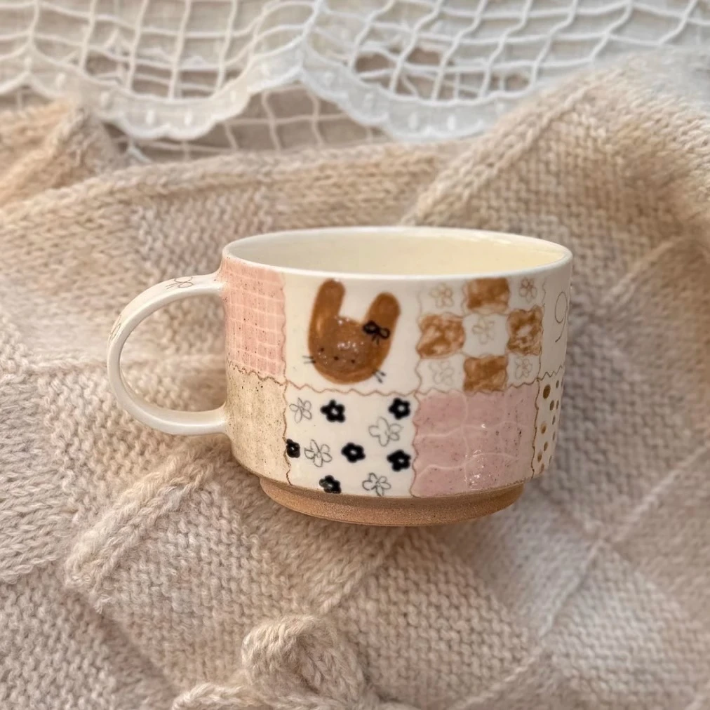 复古小兔拼接马克杯ins高颜值喝水杯子可爱咖啡杯送朋友生日礼物