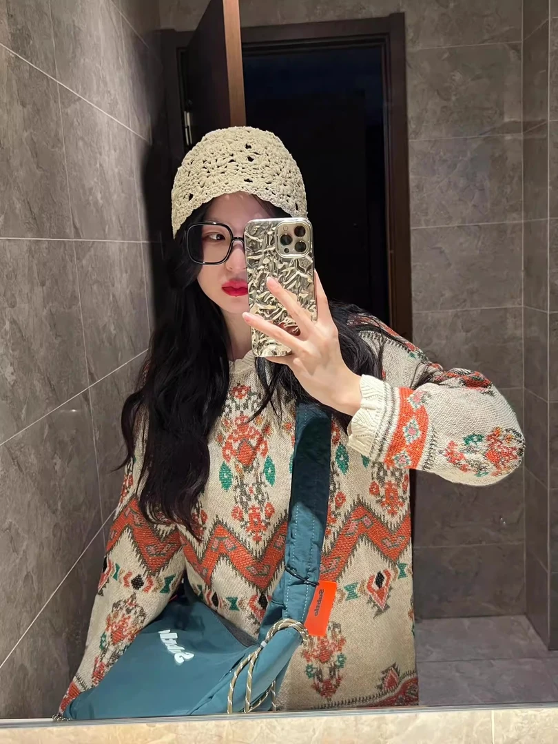 秋冬重工复古提花毛衣女美拉德风花边撞色图案设计高级感时髦上衣