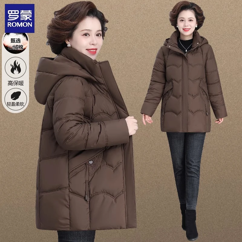 罗蒙妈妈冬装羽绒棉服中长款阔太太加厚棉袄中老年人冬季外套女款
