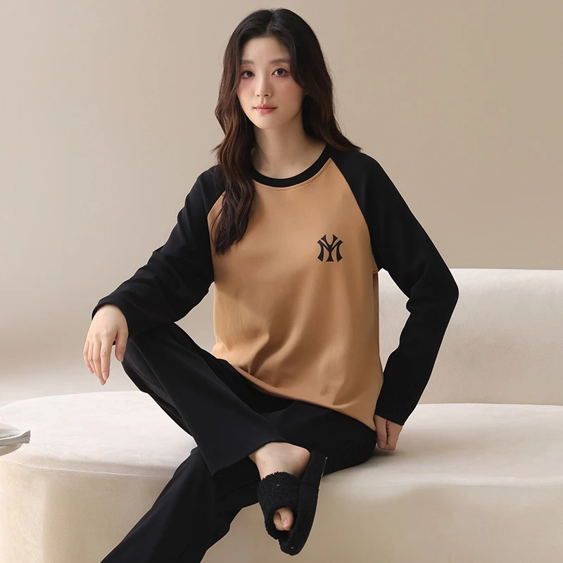 春秋季女士套头带胸垫长袖长裤睡衣套装休闲宽松家居服睡衣可外穿