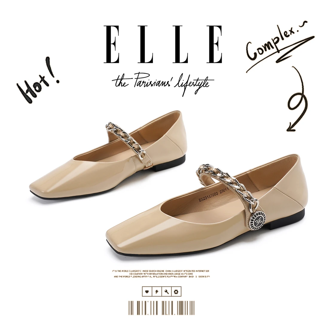ELLE欧洲站女鞋2025秋季新款真皮平底金属链条方头浅口玛丽珍单鞋