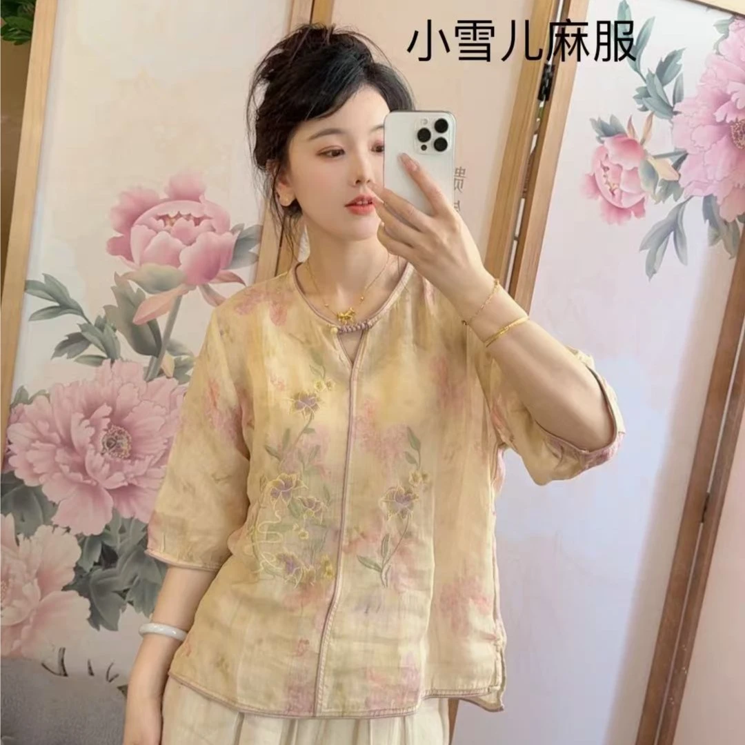 国风中式小v领盘扣刺绣苎麻上衣女2025夏季新款时尚百搭女士衬衫