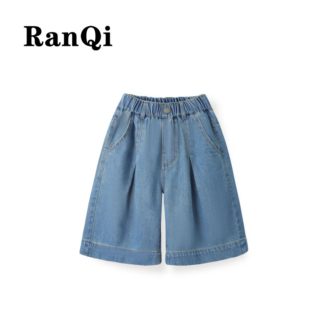 女童夏季薄款牛仔裤2025新款百褶边款中大童百搭五分牛仔裤A074