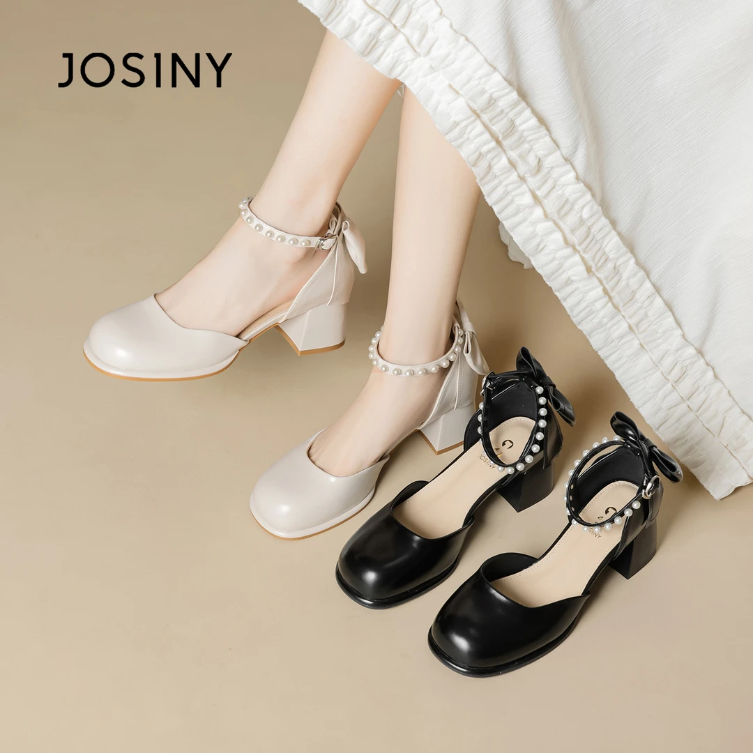 卓诗尼蝴蝶结玛丽珍单鞋女一字带包头凉鞋珍珠高跟鞋2025新款夏季