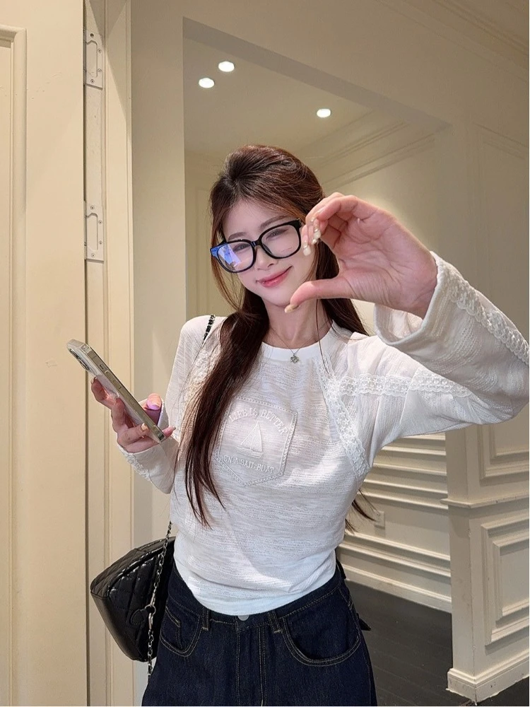 秋季白色温柔风法式蕾丝拼接长袖打底衫女内搭新款潮牌女装上衣女