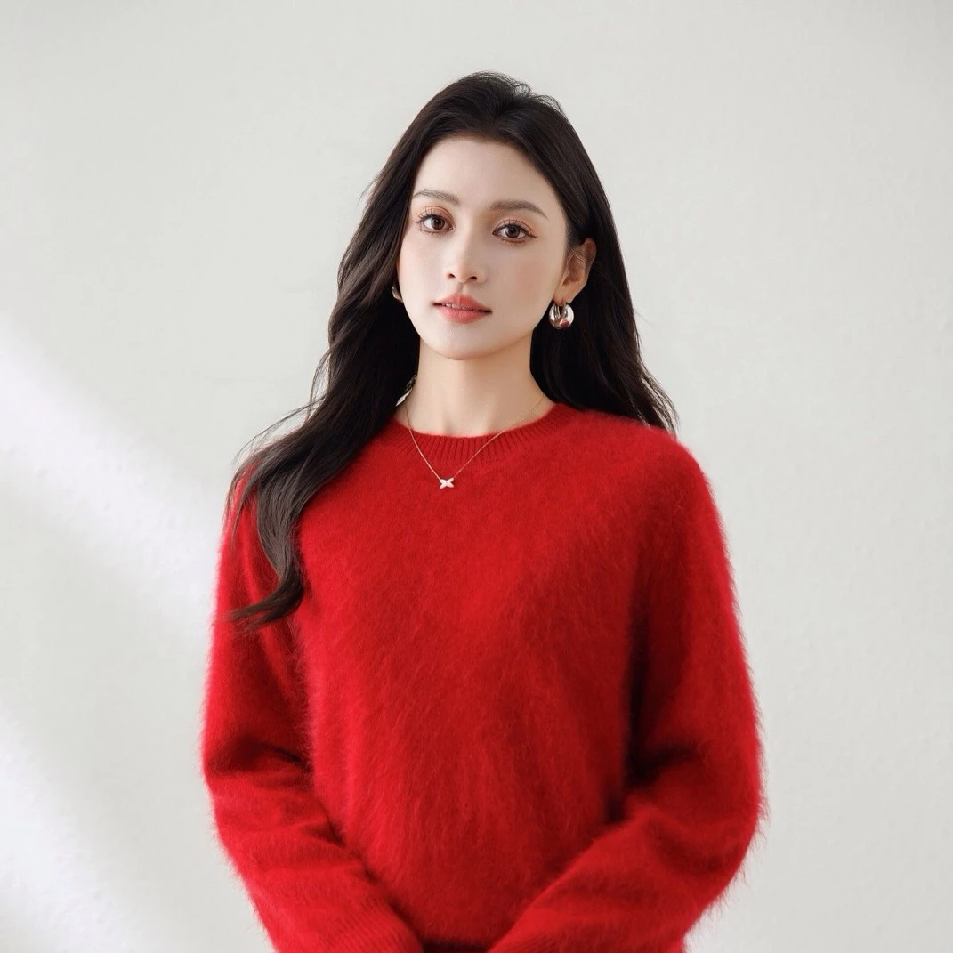 【100% 山羊绒】拉绒秋冬圆领粉色针织衫女宽松软糯拉绒毛衣CTM0003