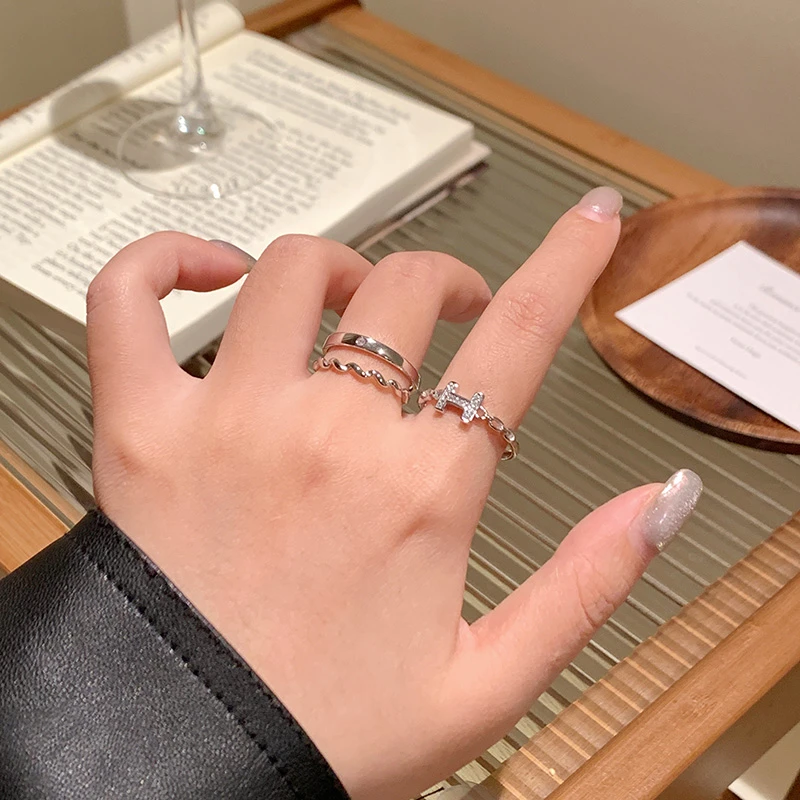 铜合金戒指 开口戒指高级感小众爱心字母食指戒尾戒叠戴素圈