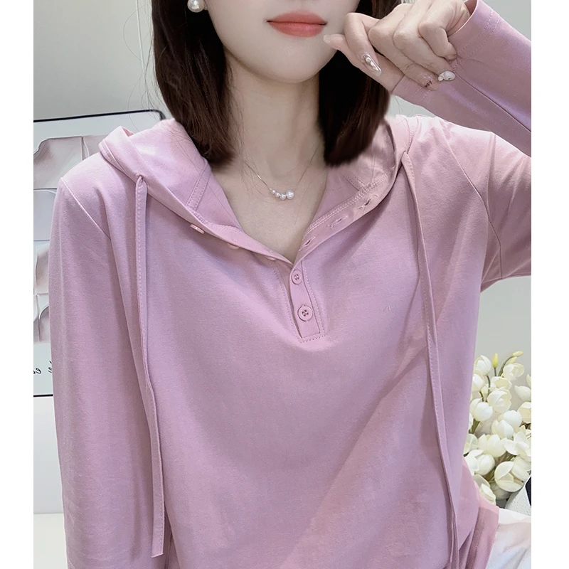 高兴家 长袖连帽上衣女士奥黛儿宽松显瘦连帽纯色T恤衫抽绳连帽衫