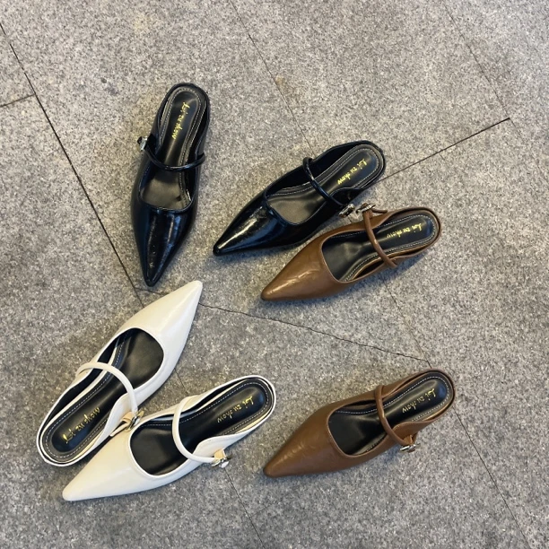 女鞋子法式胶粘鞋尖跟名媛风时尚包头拖气质平底包头半拖尖头