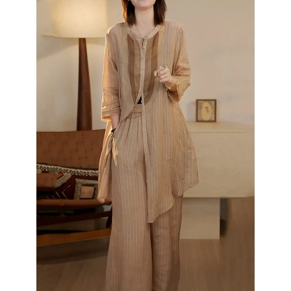 小众休闲文艺风条纹裤套装2025夏季新款显瘦中长款百搭衬衫+裤子