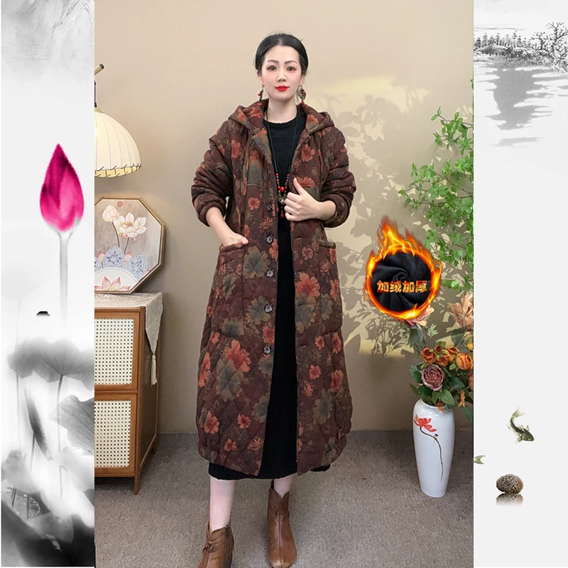 冬季女装复古加棉加绒加厚长款棉服风衣时尚宽松连帽棉衣外套
