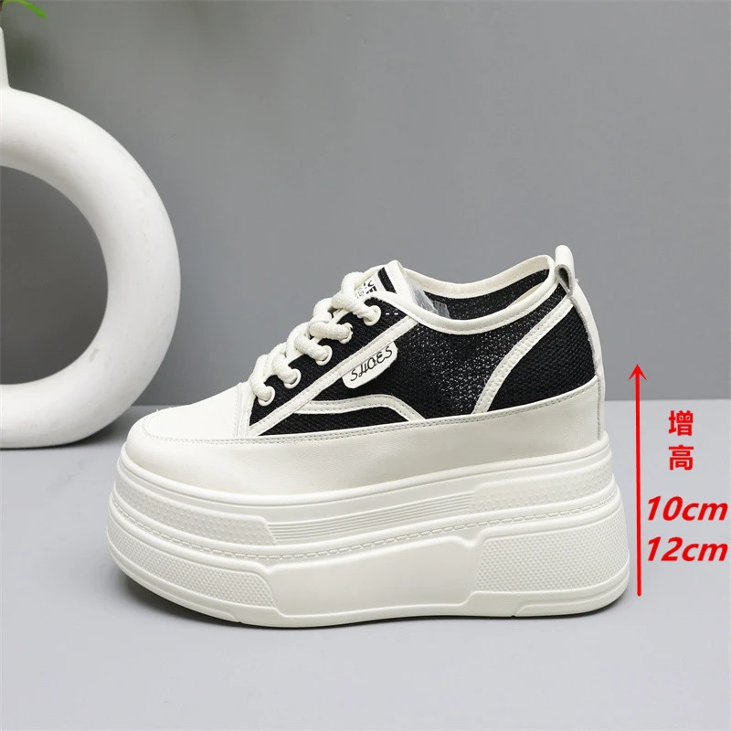 内增高女鞋10cm小白鞋女2025夏新款透气网面鞋12cm小个子厚底板鞋