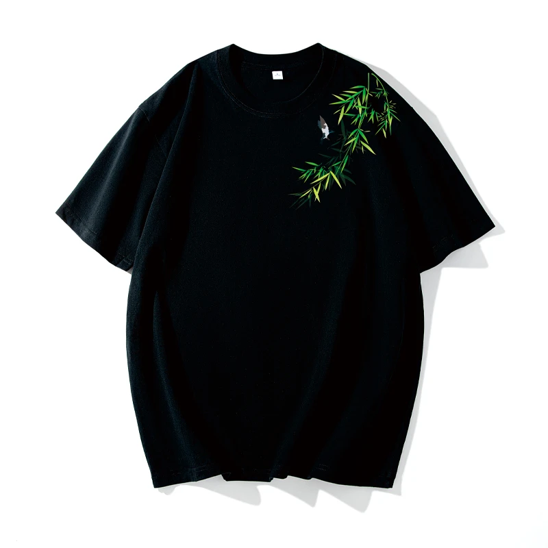 夏季男士纯棉圆领宽松型短袖竹子印花T恤上衣宽松复古ins休闲百搭
