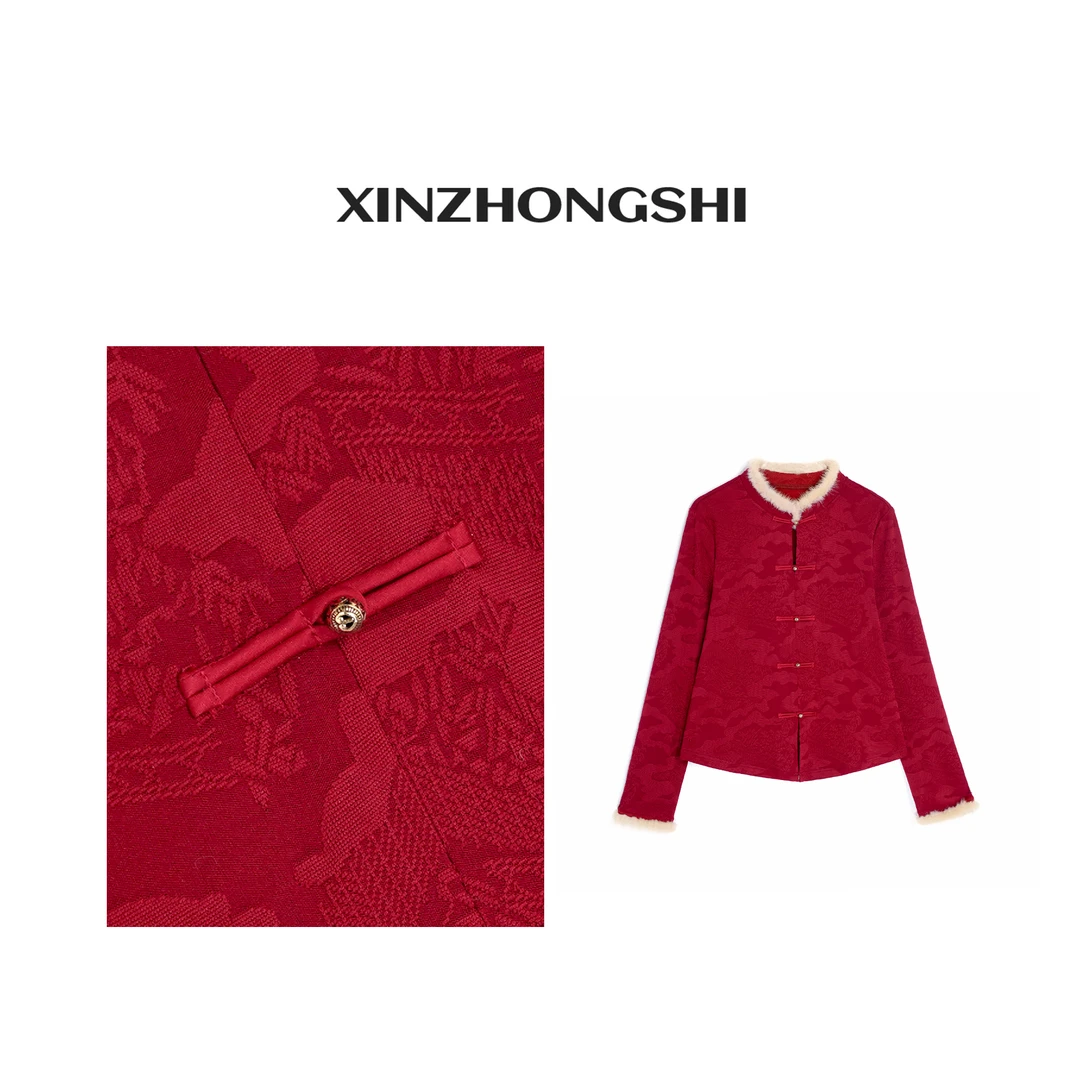 CJ鸿运当头新中式2024新款红色百搭毛领提花上衣FB24122701