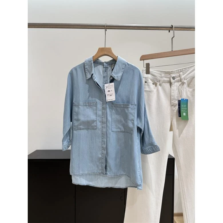 清凉天丝牛仔衬衫 薄款垂顺宽松显瘦翻领短袖衬衣女夏新