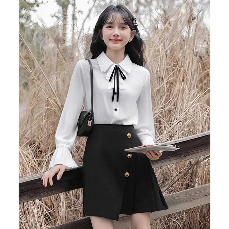 【两件套】不规则黑色百褶裙半身裙女高腰加纯色显瘦衬衫Z7654