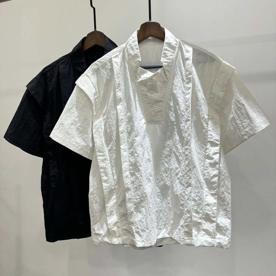现货户外休闲显瘦设计感套头衬衫潮牌INS夏季立领宽松纯色上衣服