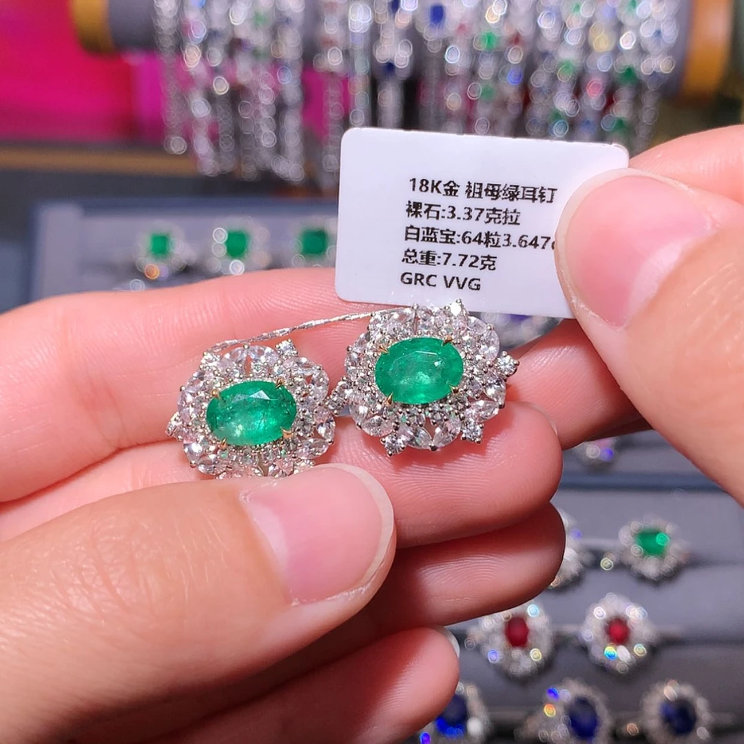 【闪购商品】祖母绿耳钉18K金镶嵌