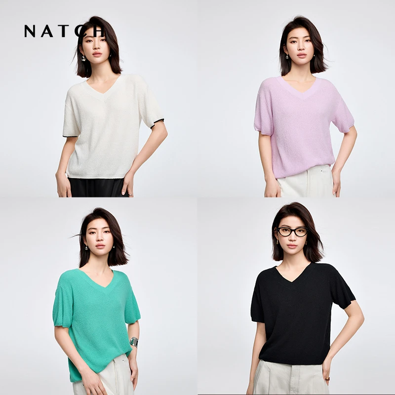 NATCH/南枳高端宽松V领短袖棉针织T恤女2025夏季吸湿排汗显瘦上衣