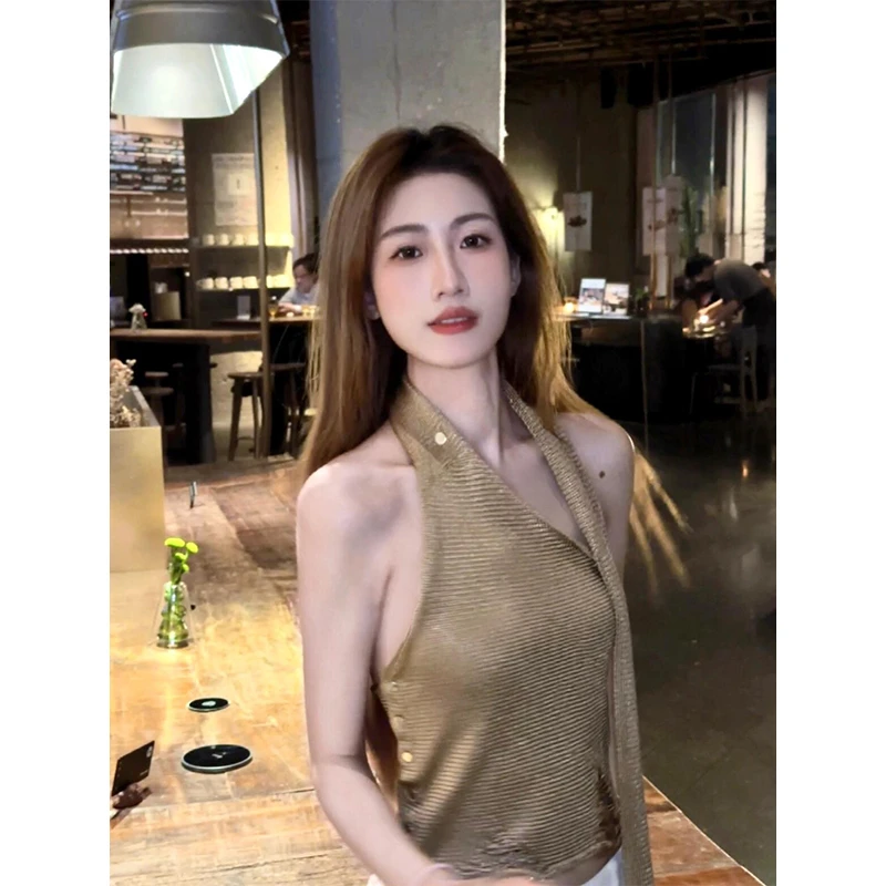 金色挂脖飘带露肩吊带背心女夏季设计感小众独特气质修身短上衣